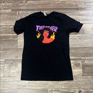 Thrasher Black Tee with Purple and Yellow Graphic